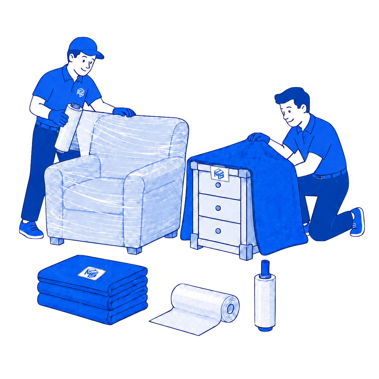 Personal de Moving Sandoval realizando el emplayado y protección de muebles de una mudanza residencial