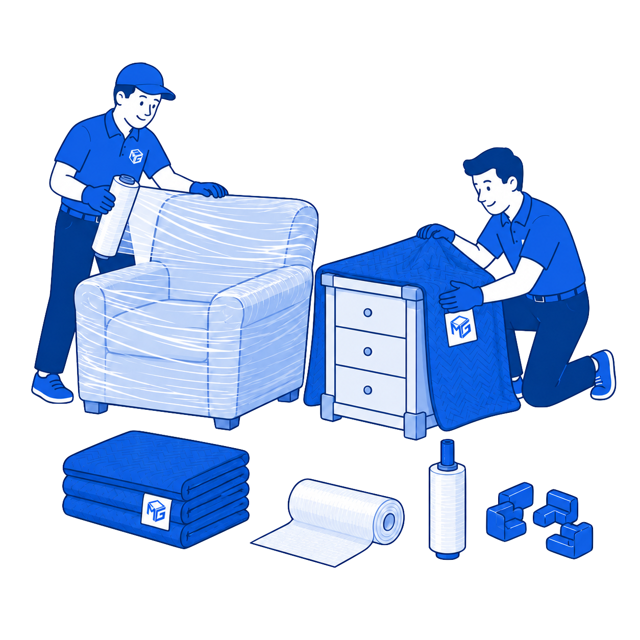 Personal de Moving Sandoval realizando el emplayado y protección de muebles de una mudanza residencial
